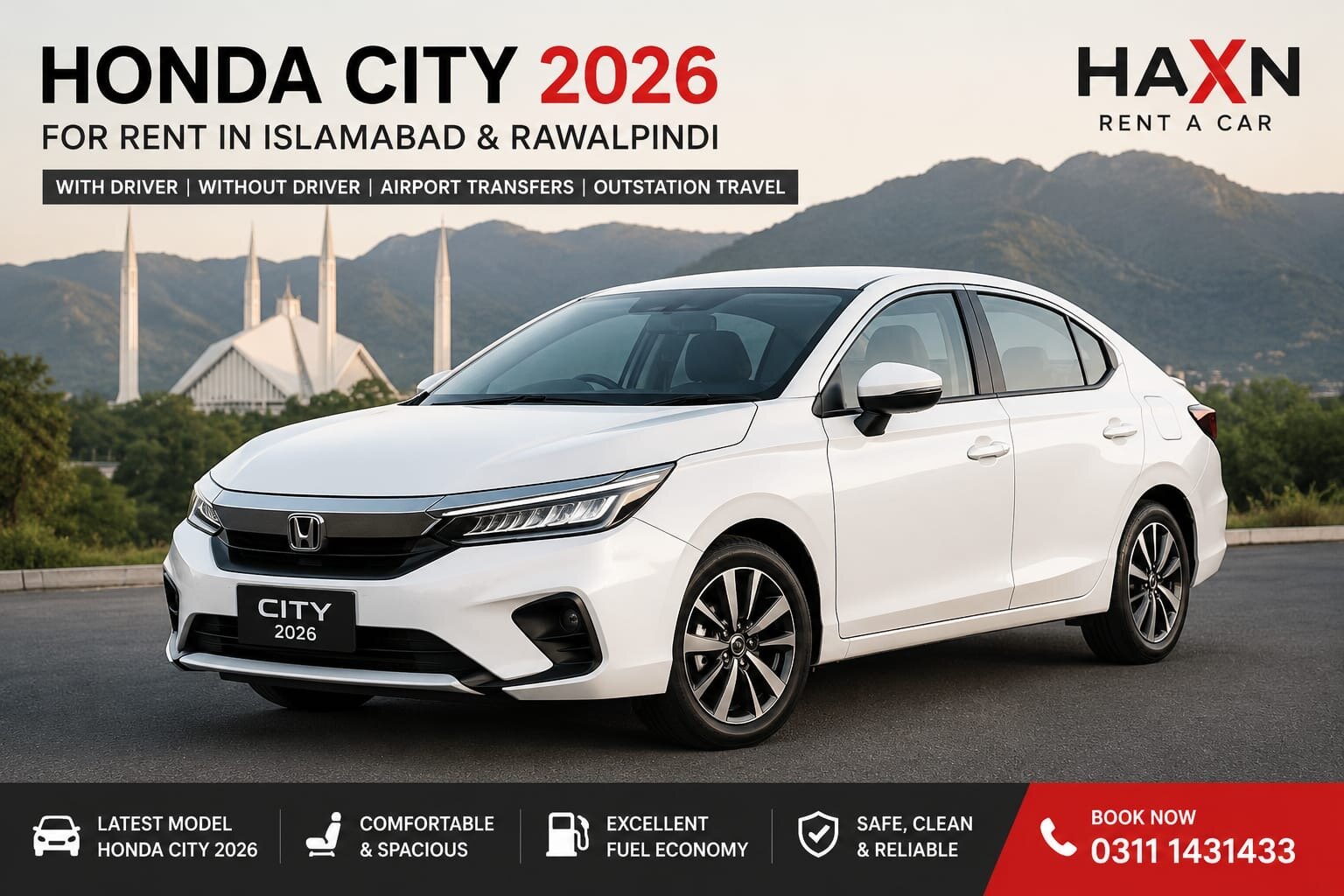Honda City for Rent in Islamabad & Rawalpindi | With & Without Driver | Haxn Rent a Car