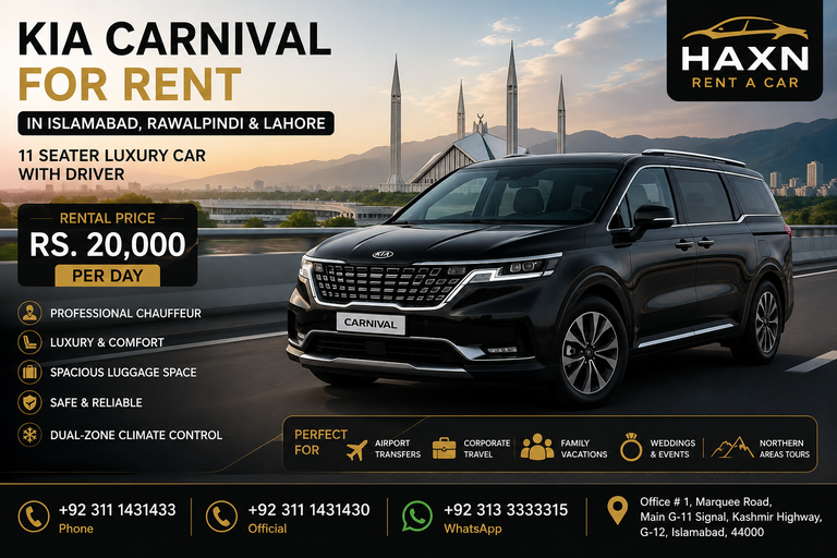 KIA Carnival For Rent in Islamabad, Rawalpindi & Lahore | 11 Seater Luxury Car