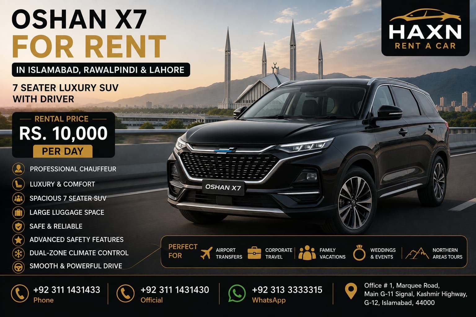 Oshan X7 For Rent in Islamabad, Rawalpindi & Lahore | 7 Seater SUV